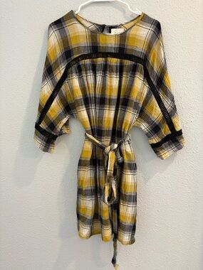 Maeve Anthropologie Black and Yellow & Plaid Tie-Waist Dress (size M)